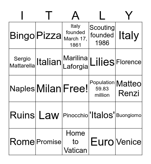 Italian Bingo Card