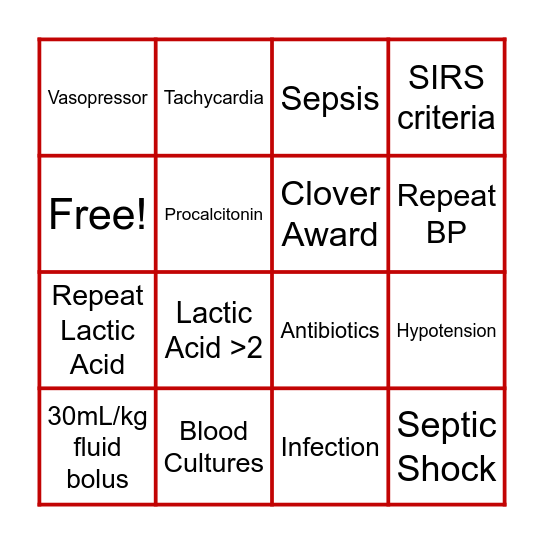 Sepsis Bingo Card