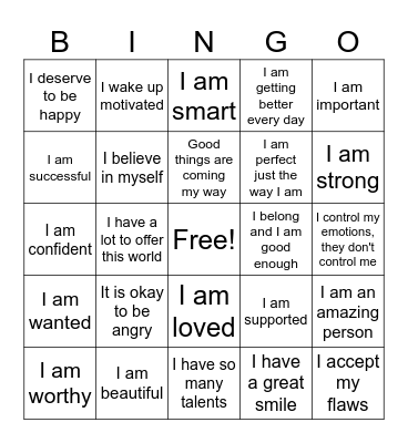 Positive Affirmations Bingo Card