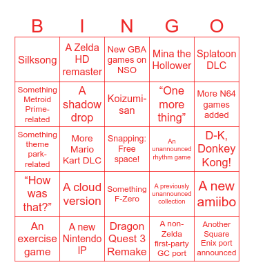 Nintendo Direct September 2023 Bingo Card