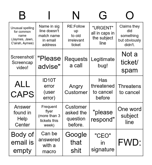 Help Desk Bingo Card