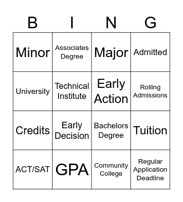 College Vocabulary Bingo Card