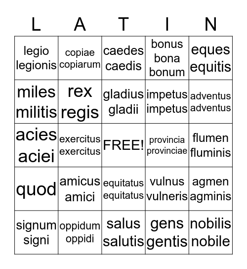 Latin Bingo Card