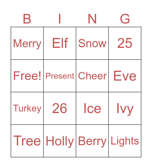 Xmas Bingo Card Bingo Card