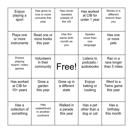 Icebreaker Bingo Card