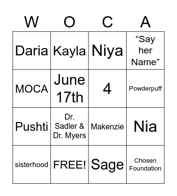 WOCA Bingo Card