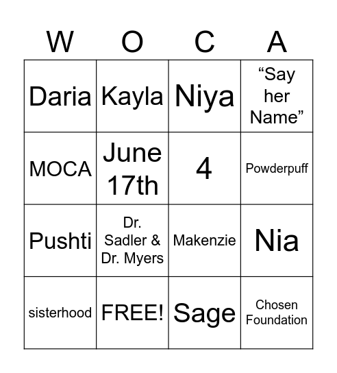 WOCA Bingo Card