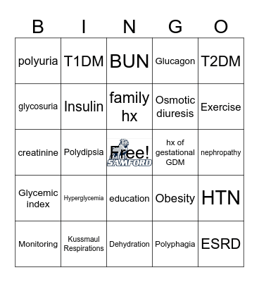 Diabetic Bingo Card