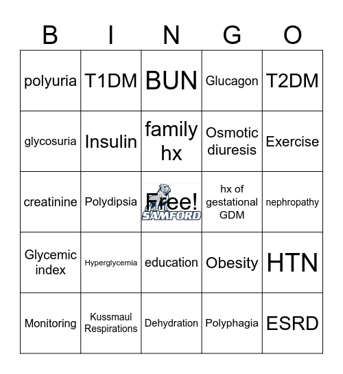 Diabetic Bingo Card