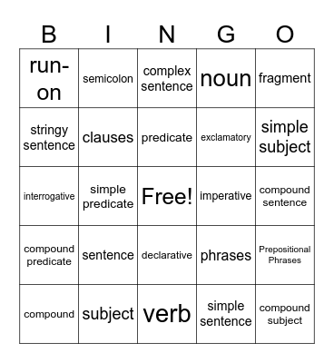 Sentence Vocabulary Bingo Card