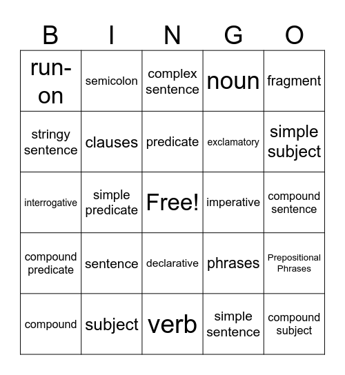 Sentence Vocabulary Bingo Card