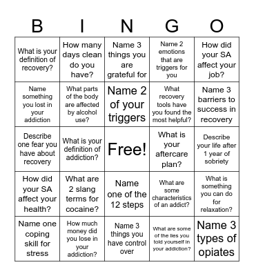 Recovery Bingo! Bingo Card