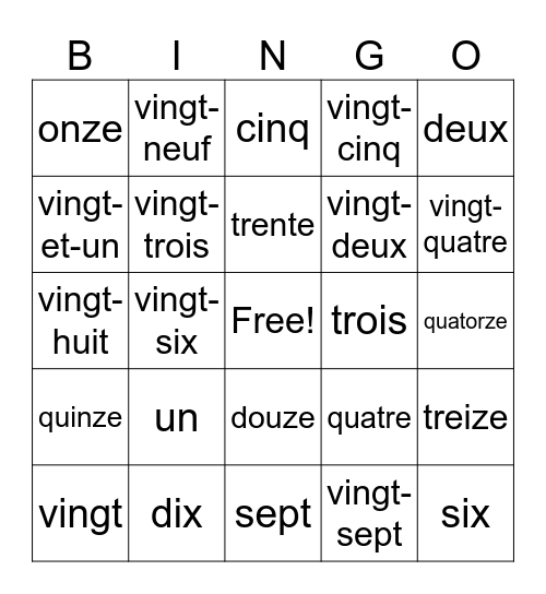 0 à 30 Bingo Card