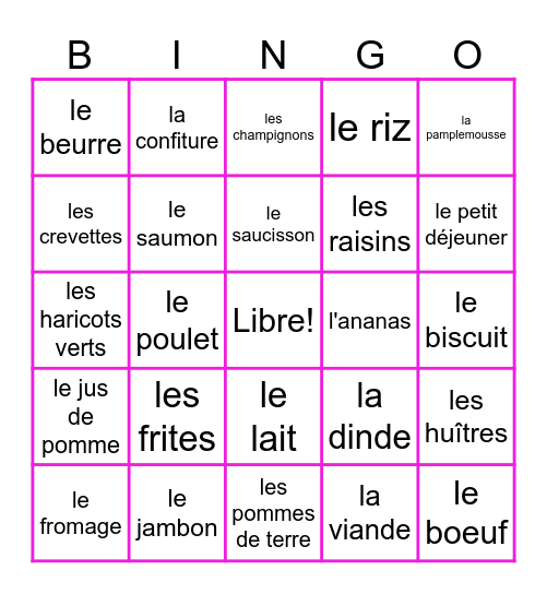 La nourriture Bingo Card