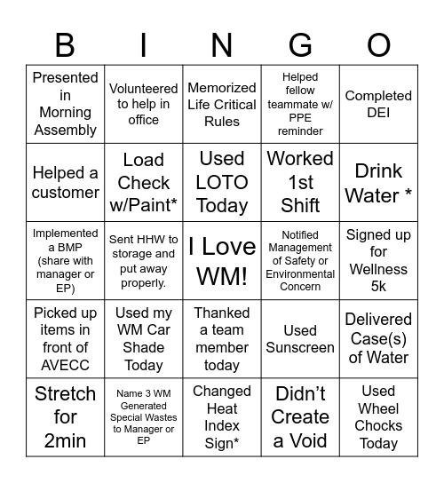 WM Summer Safety Bingo Card