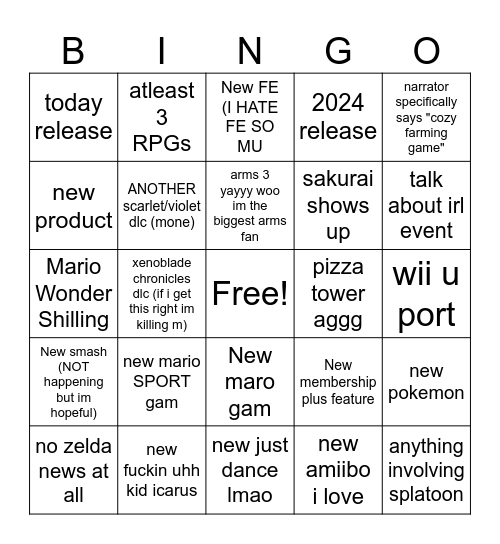 Nintendo Direct 9/14 Bingo Card