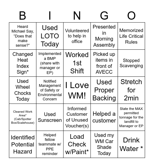 WM Summer Safety Bingo Card