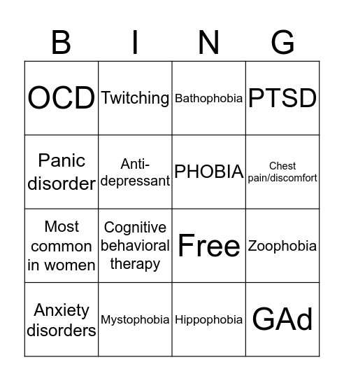 Anxiety Disorders  Bingo Card