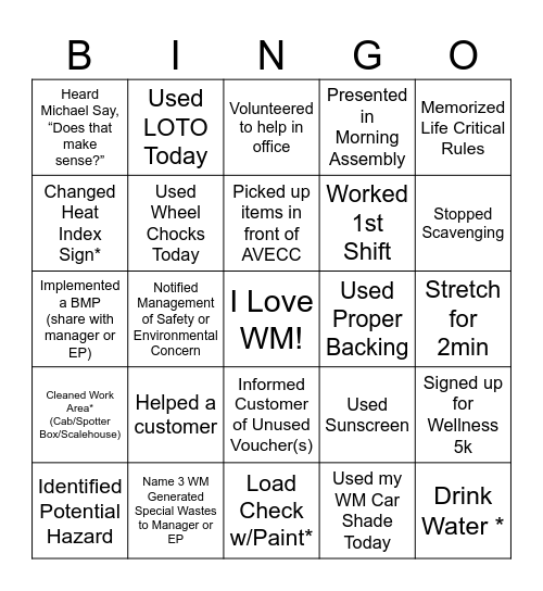 WM Summer Safety Bingo Card