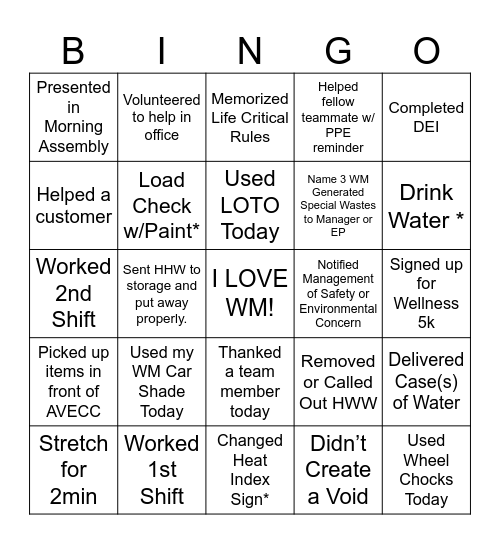 WM Summer Safety Bingo Card