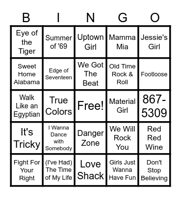 80's Hits Bingo Card
