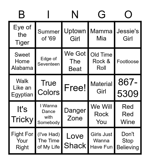 80's Hits Bingo Card