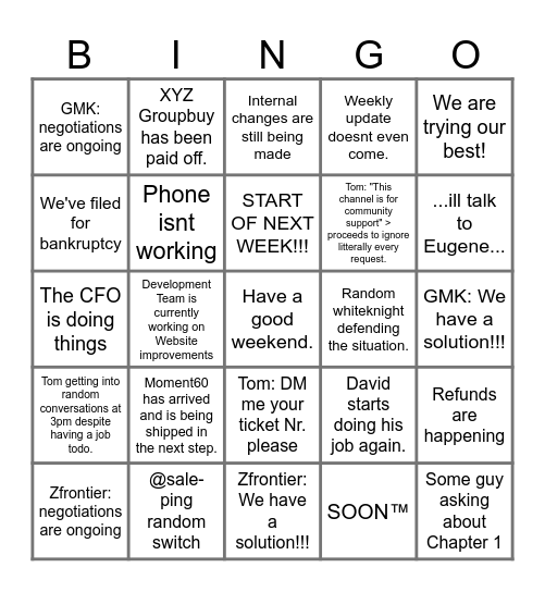 Mykeyboard End of Week Bingo Card