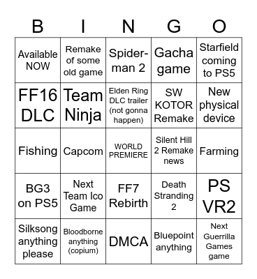 Sony State of Play Sept 2023 Bingo Card