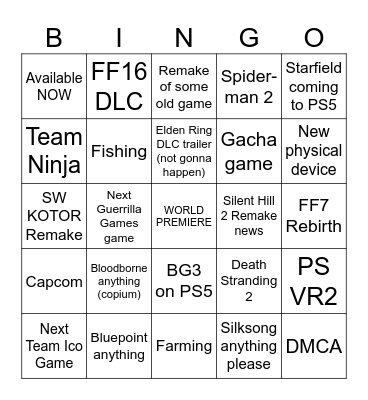 Sony State of Play Sept 2023 Bingo Card