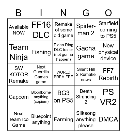 Sony State of Play Sept 2023 Bingo Card