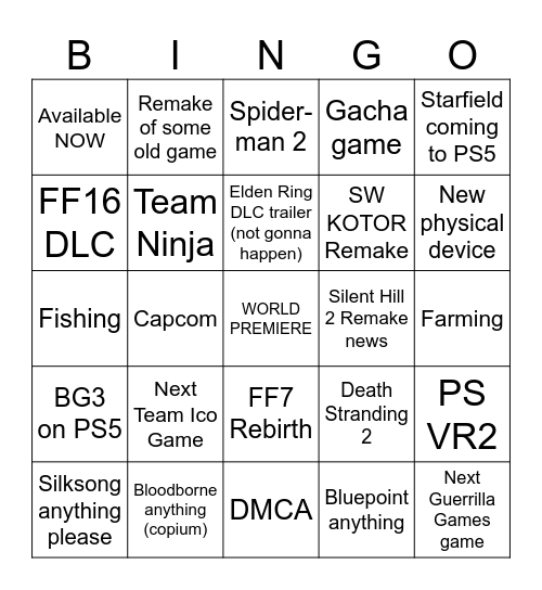 Sony State of Play Sept 2023 Bingo Card