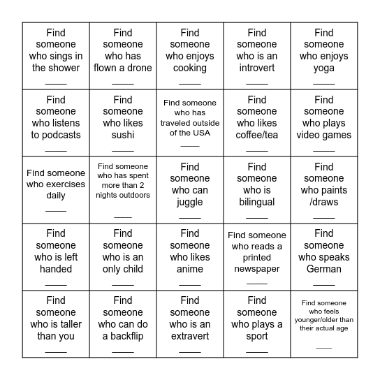 Find Someone Who Bingo Card