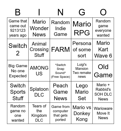 9/14 Nintendo Direct Bingo Card