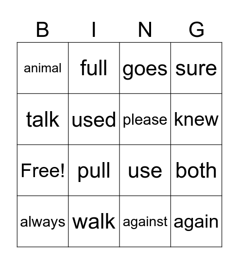 Trick Word Bingo Card
