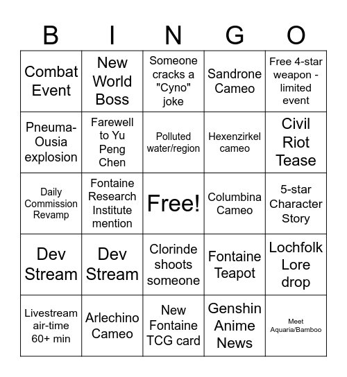 Genshin 4.1 Livestream Bingo Card