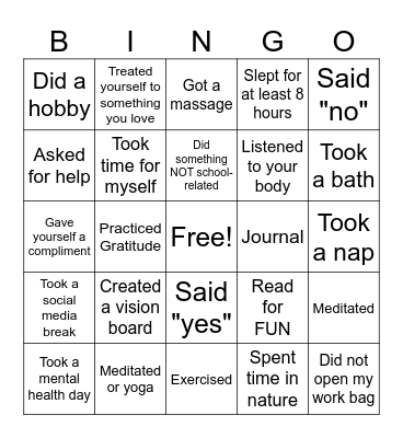 SELF CARE Bingo Card