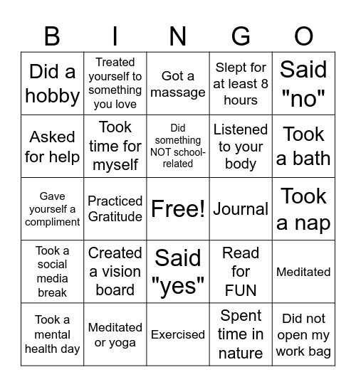 SELF CARE Bingo Card