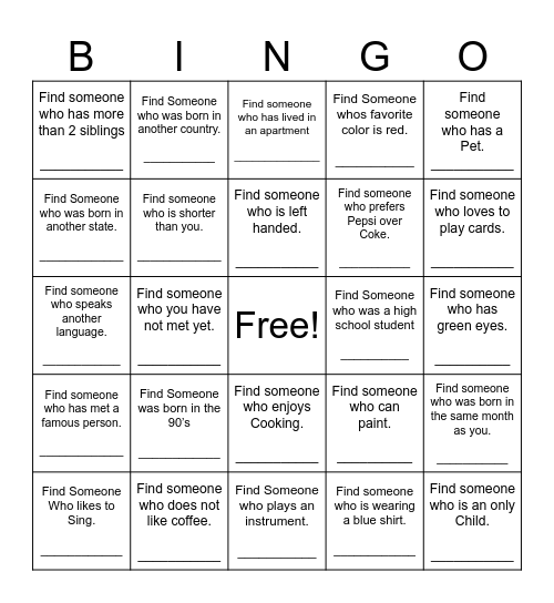 Find Someone Who Bingo Card