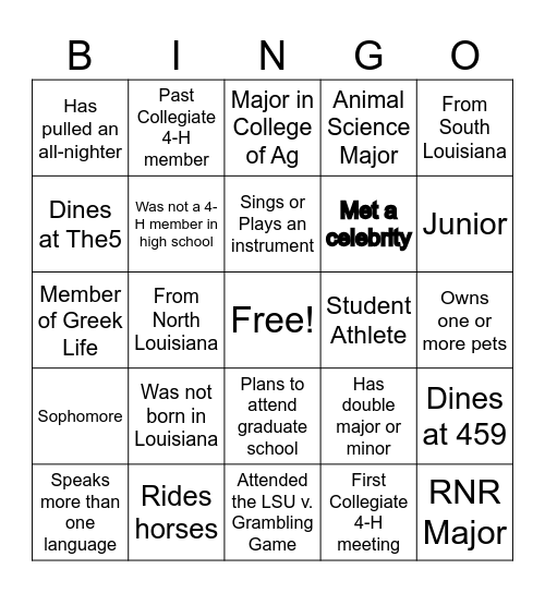 LSU Collegiate 4-H Bingo Card