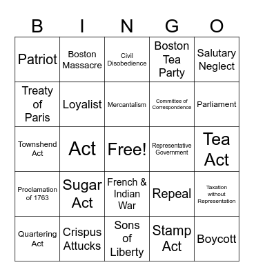 Road to Revolution Bingo Card