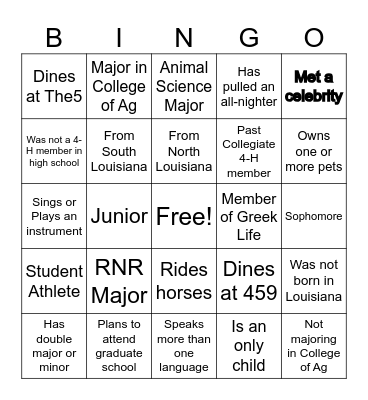 LSU Collegiate 4-H Bingo Card