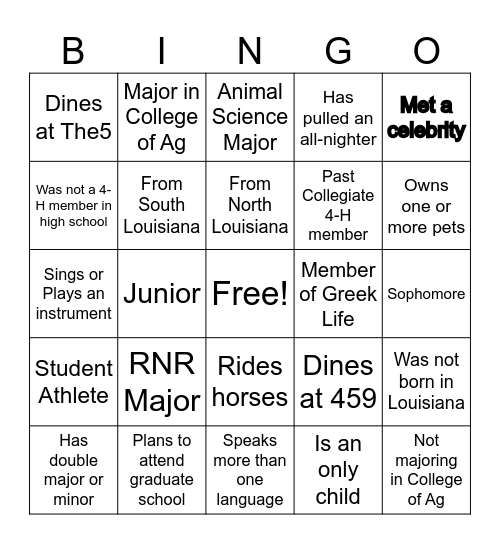 LSU Collegiate 4-H Bingo Card