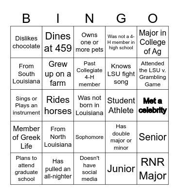 LSU Collegiate 4-H Bingo Card
