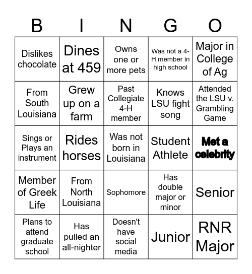 LSU Collegiate 4-H Bingo Card