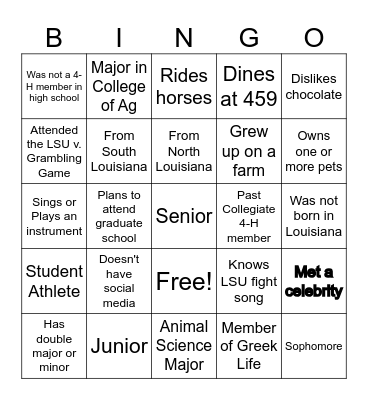 LSU Collegiate 4-H Bingo Card