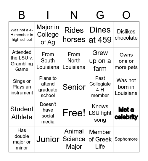 LSU Collegiate 4-H Bingo Card