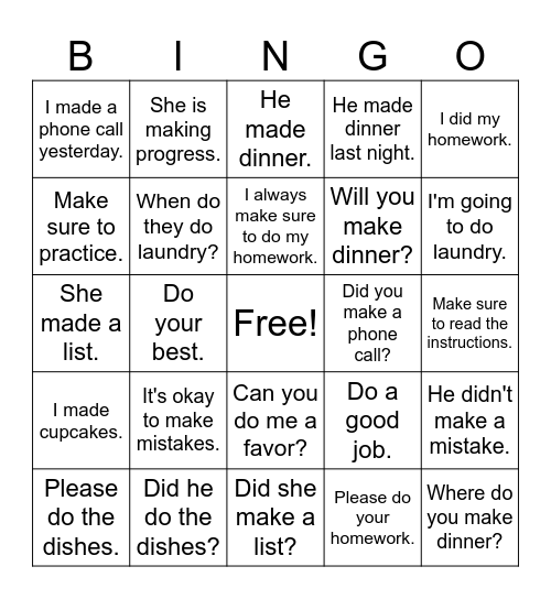 Make vs Do Bingo Card