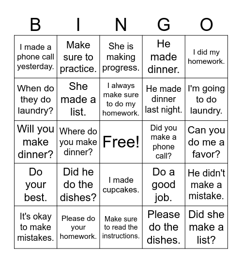 Make vs Do Bingo Card