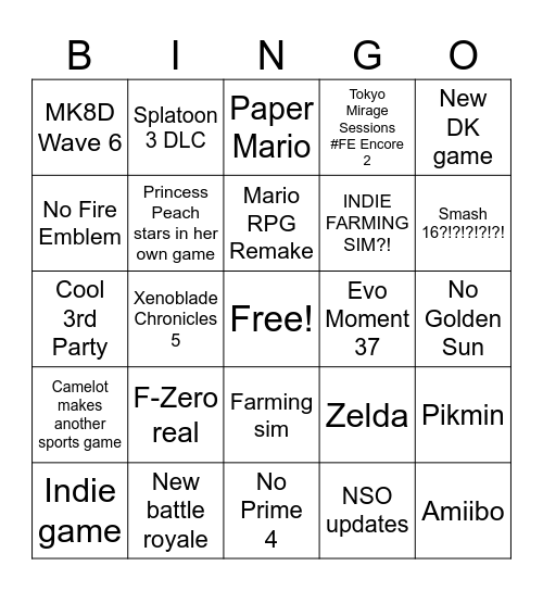 NINTENDO DIRECT 9/14/23 Bingo Card