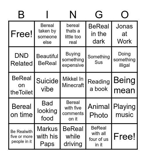 BeReal Bingo Card